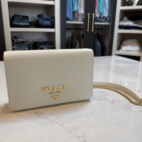 Prada white Saffiano Leather Purse with Gold chain - Picture 1 of 6